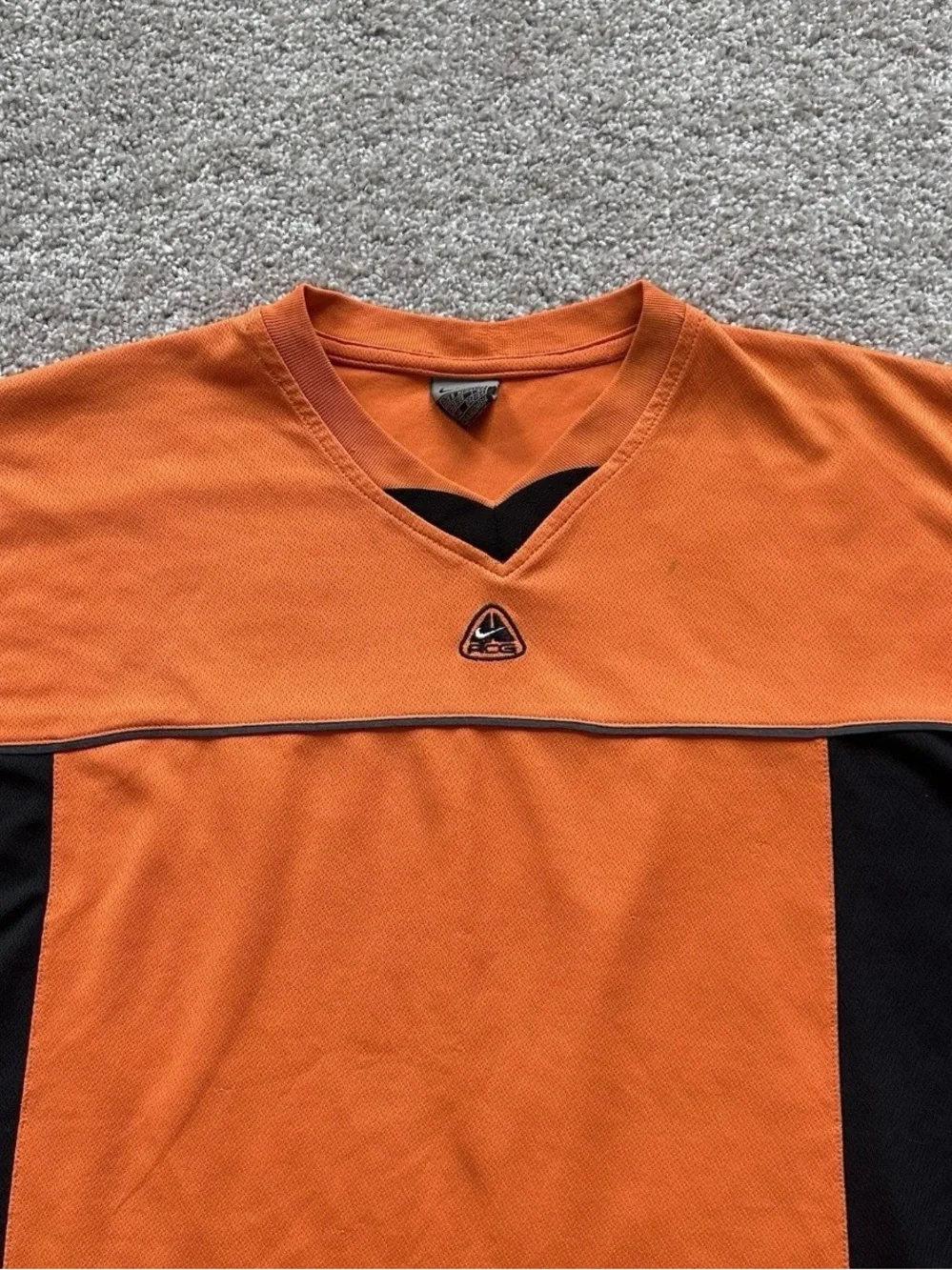 Vintage Nike ACG Scorpion Shirt Y2K Orange Black V-Neck Jersey Mesh Top Size S